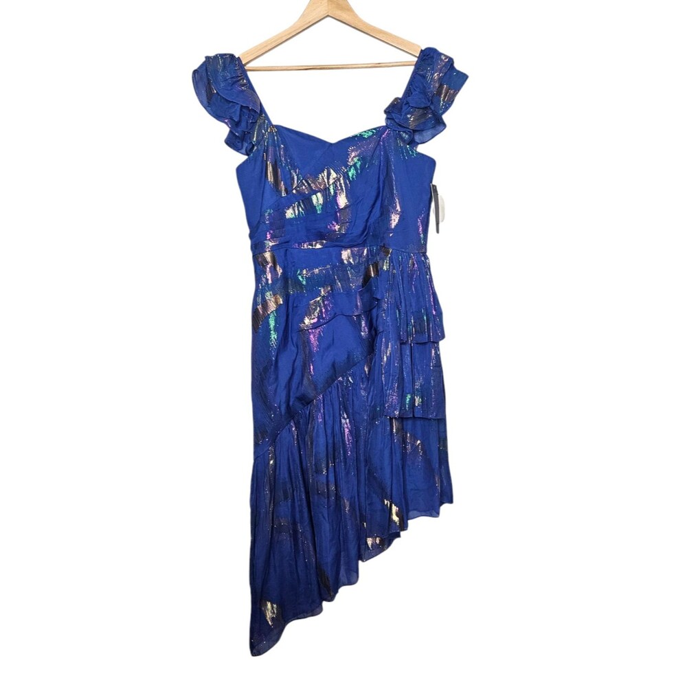 SHOSHANNA Midnight Neva Dress 10 Blue Metallic Ruffled Righteous Gemstones ASOTV - Picture 2 of 11